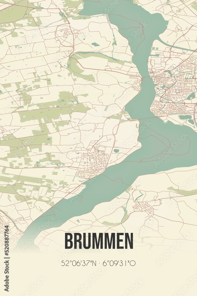 Retro Dutch city map of Brummen located in Gelderland. Vintage street map.