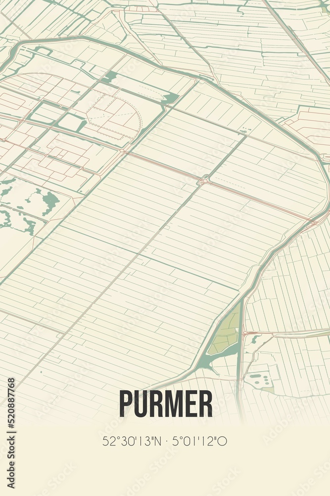 Retro Dutch city map of Purmer located in Noord-Holland. Vintage street map.