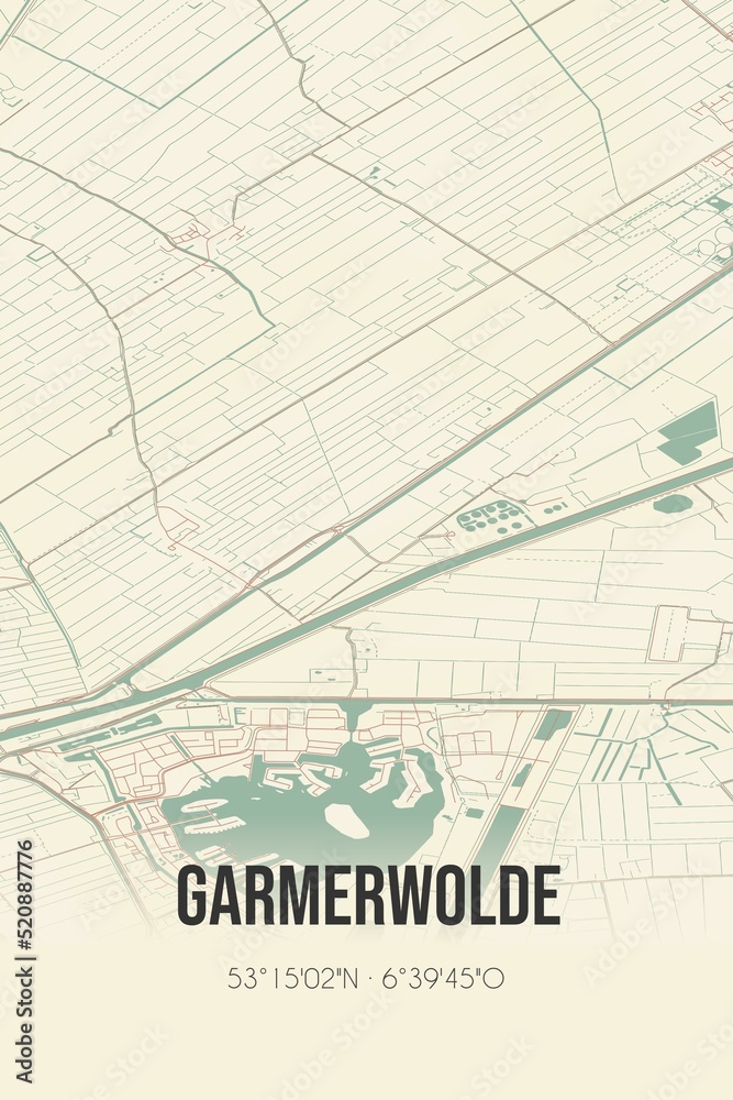 Retro Dutch city map of Garmerwolde located in Groningen. Vintage street map. Retro Dutch city map of Garmerwolde located in Groningen. Vintage street map.