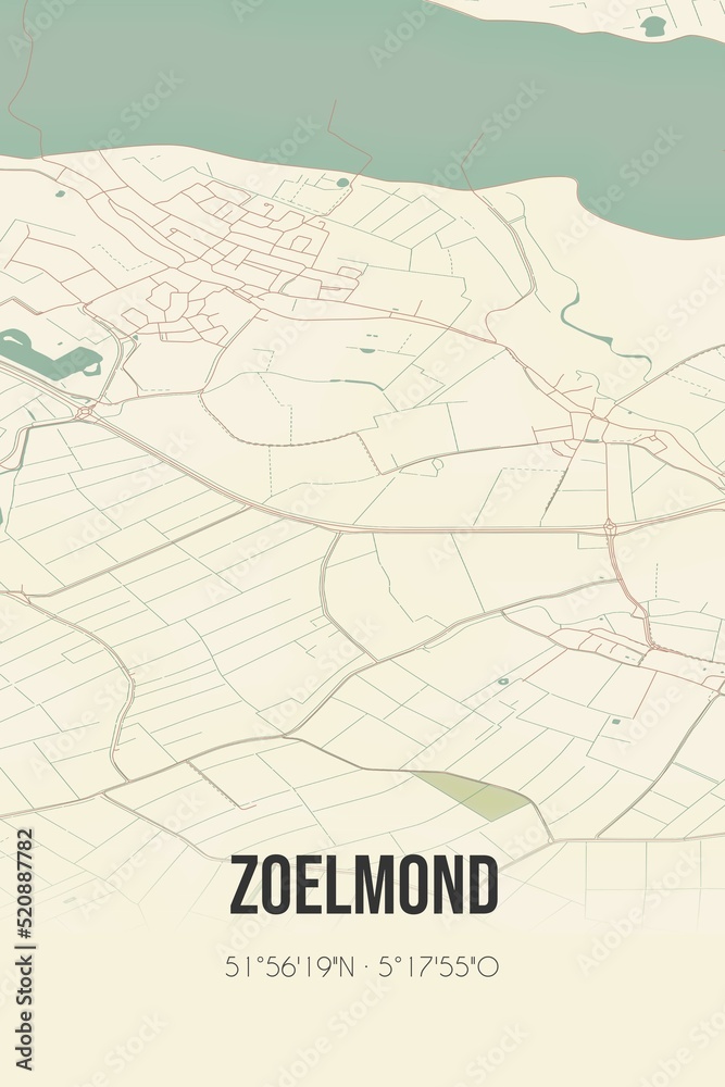 Retro Dutch city map of Zoelmond located in Gelderland. Vintage street map.