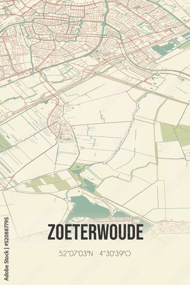 Retro Dutch city map of Zoeterwoude located in Zuid-Holland. Vintage street map.