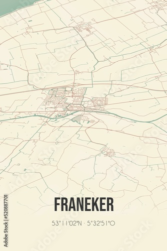 Retro Dutch city map of Franeker located in Fryslan. Vintage street map. photo