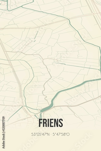 Retro Dutch city map of Friens located in Fryslan. Vintage street map.