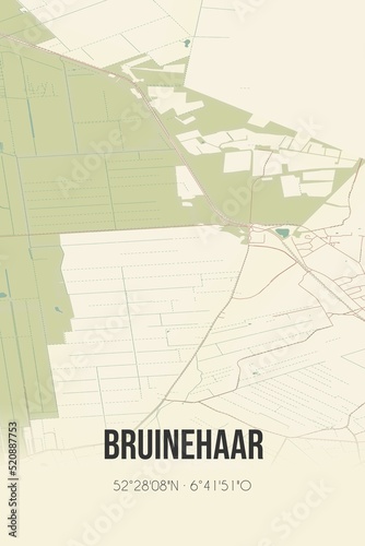 Retro Dutch city map of Bruinehaar located in Overijssel. Vintage street map.