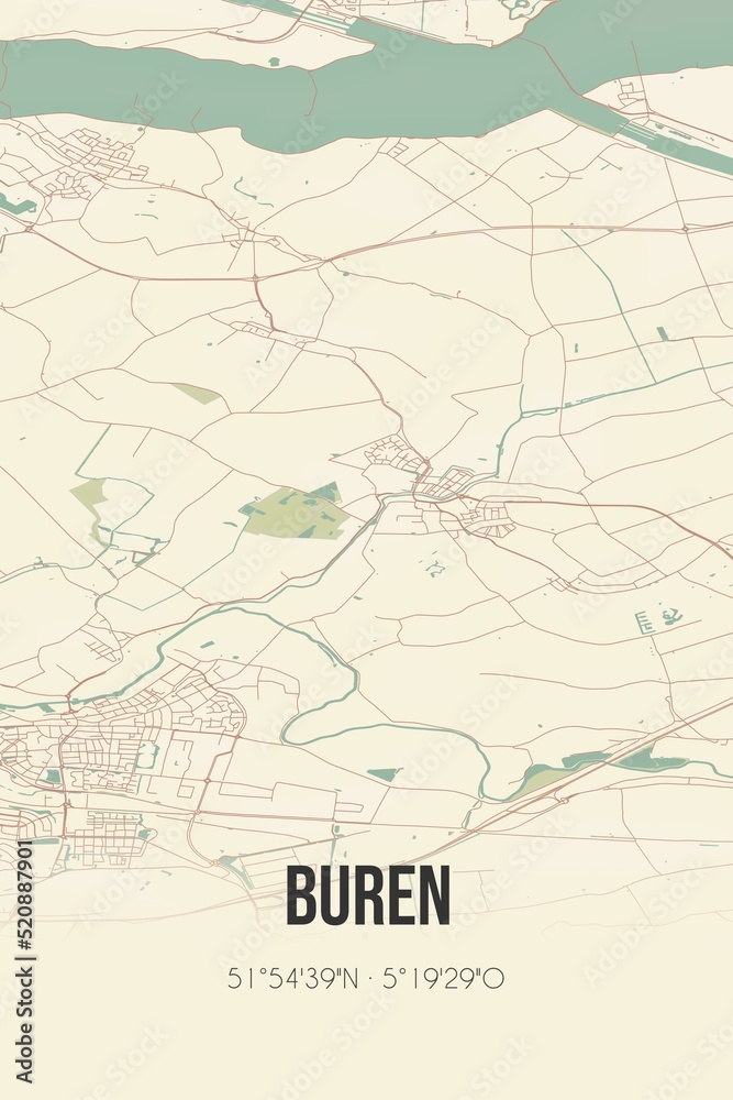 Retro Dutch city map of Buren located in Gelderland. Vintage street map.