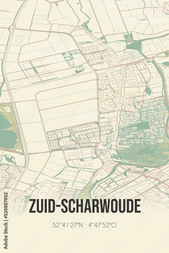 Retro Dutch city map of Zuid-Scharwoude located in Noord-Holland. Vintage street map.