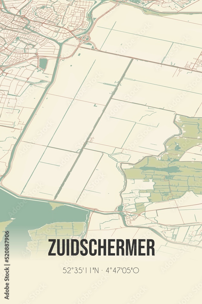 Obraz premium Retro Dutch city map of Zuidschermer located in Noord-Holland. Vintage street map.