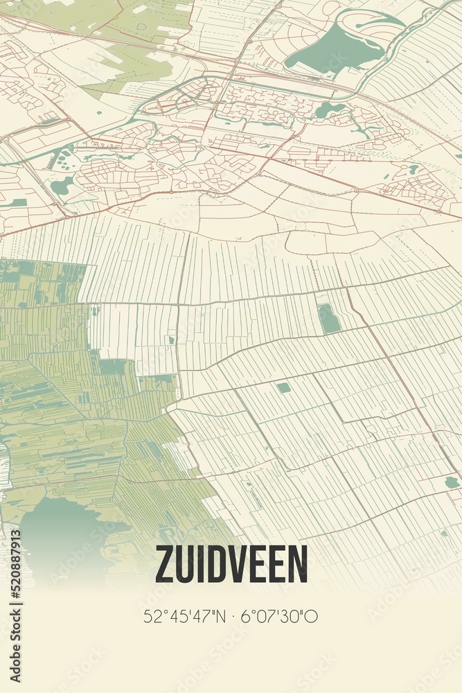 Retro Dutch city map of Zuidveen located in Overijssel. Vintage street map.