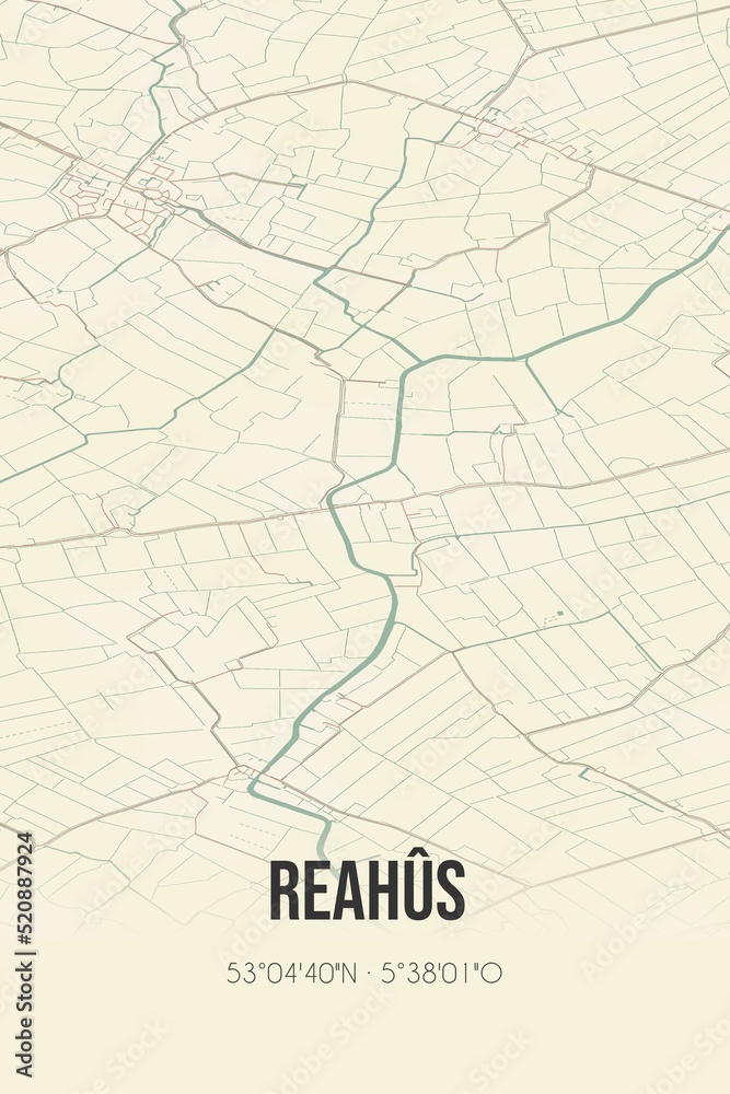 Fototapeta premium Retro Dutch city map of Reahûs located in Fryslan. Vintage street map.