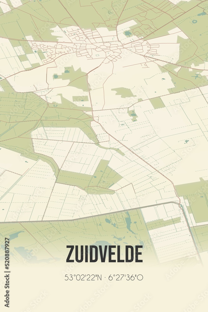 Retro Dutch city map of Zuidvelde located in Drenthe. Vintage street map.