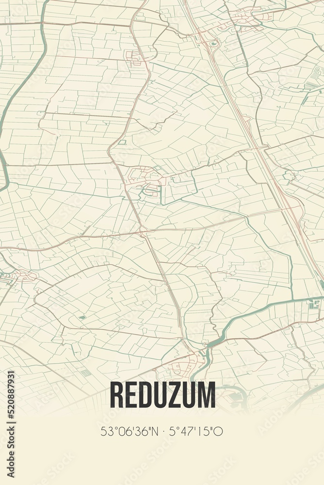 Retro Dutch city map of Reduzum located in Fryslan. Vintage street map.