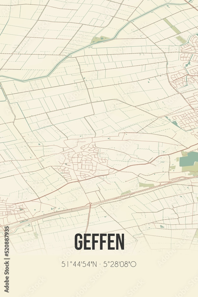 Retro Dutch city map of Geffen located in Noord-Brabant. Vintage street map.