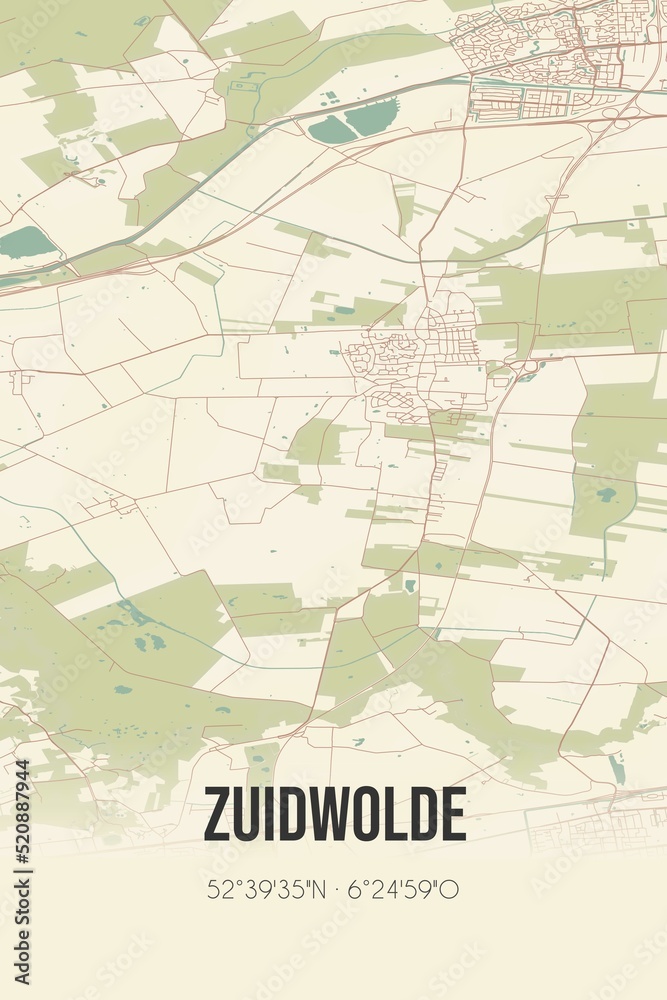 Retro Dutch city map of Zuidwolde located in Drenthe. Vintage street map.