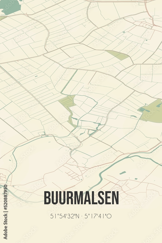 Retro Dutch city map of Buurmalsen located in Gelderland. Vintage street map.
