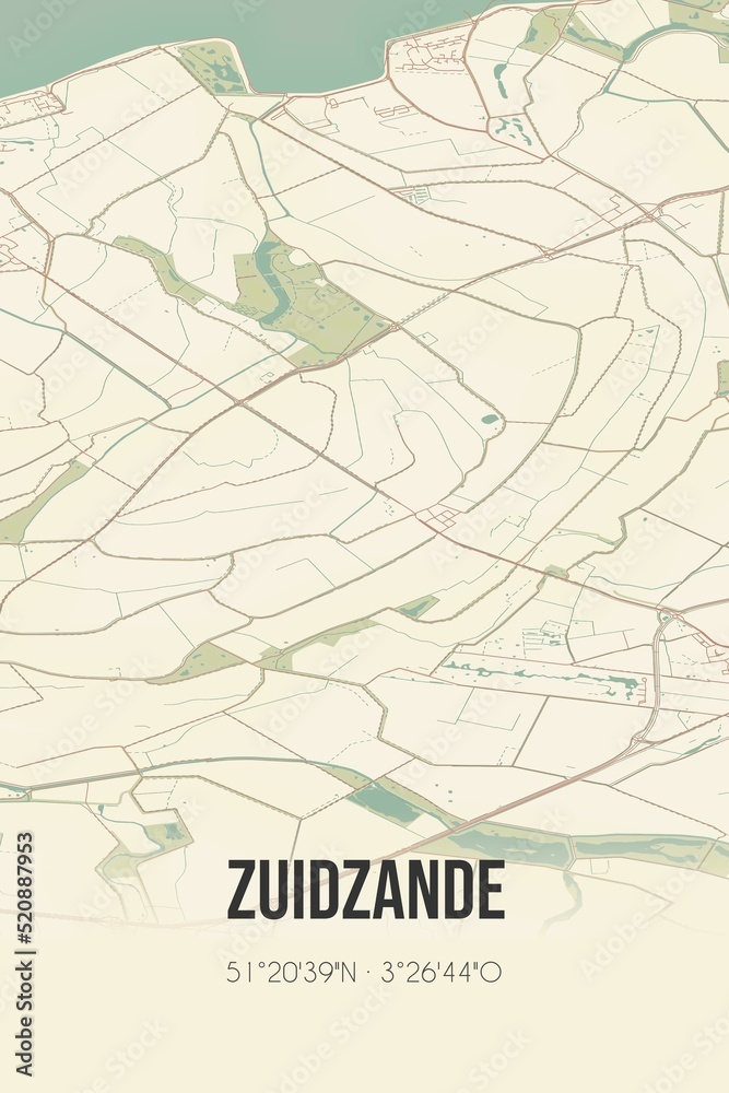 Retro Dutch city map of Zuidzande located in Zeeland. Vintage street map.