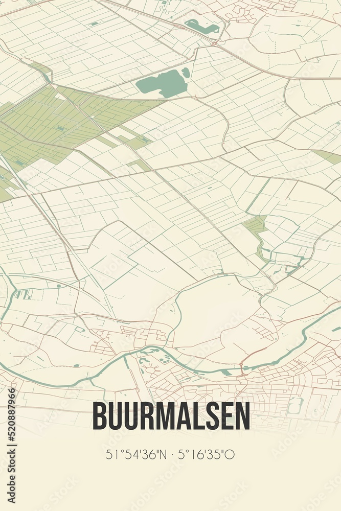 Retro Dutch city map of Buurmalsen located in Gelderland. Vintage street map. Retro Dutch city map of Buurmalsen located in Gelderland. Vintage street map.