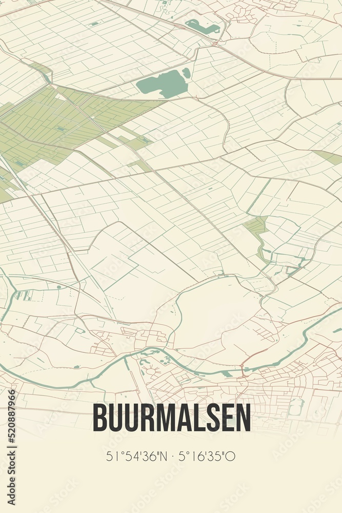 Retro Dutch city map of Buurmalsen located in Gelderland. Vintage street map.