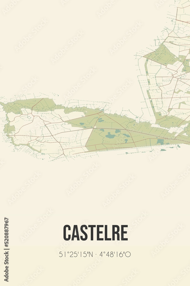 Retro Dutch city map of Castelre located in Noord-Brabant. Vintage street map.