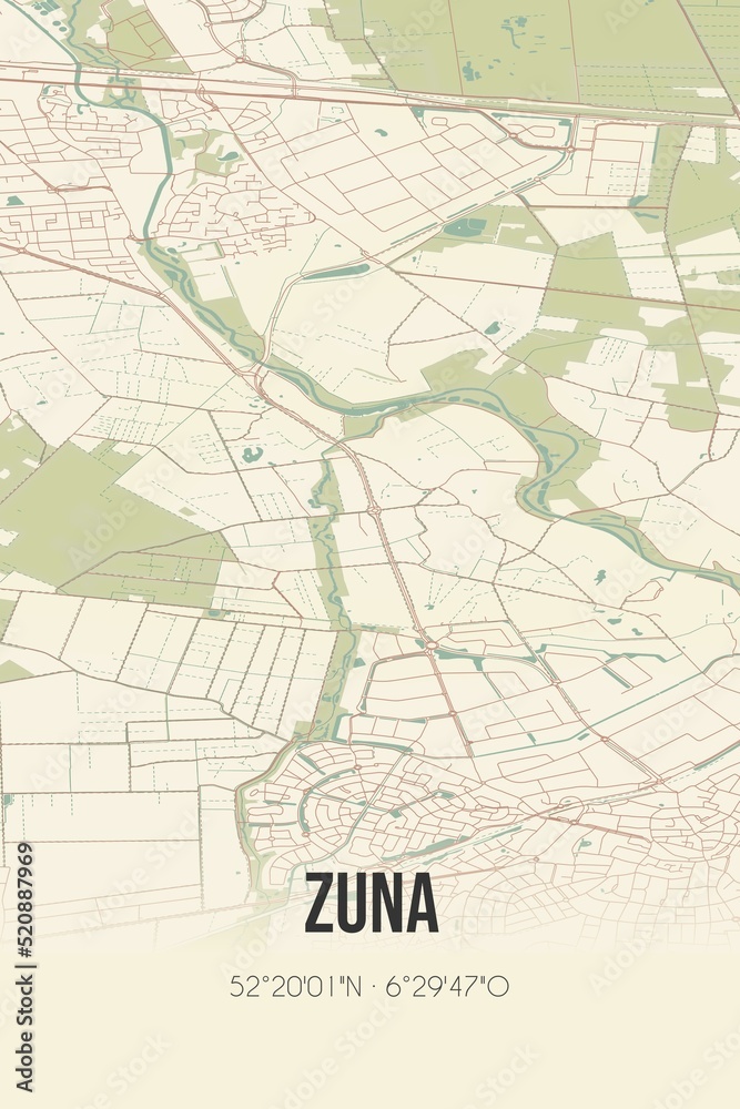 Retro Dutch city map of Zuna located in Overijssel. Vintage street map.