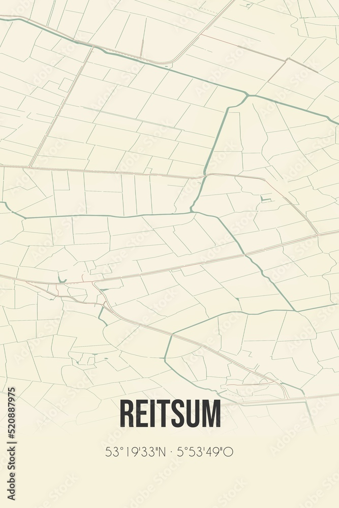 Retro Dutch city map of Reitsum located in Fryslan. Vintage street map.