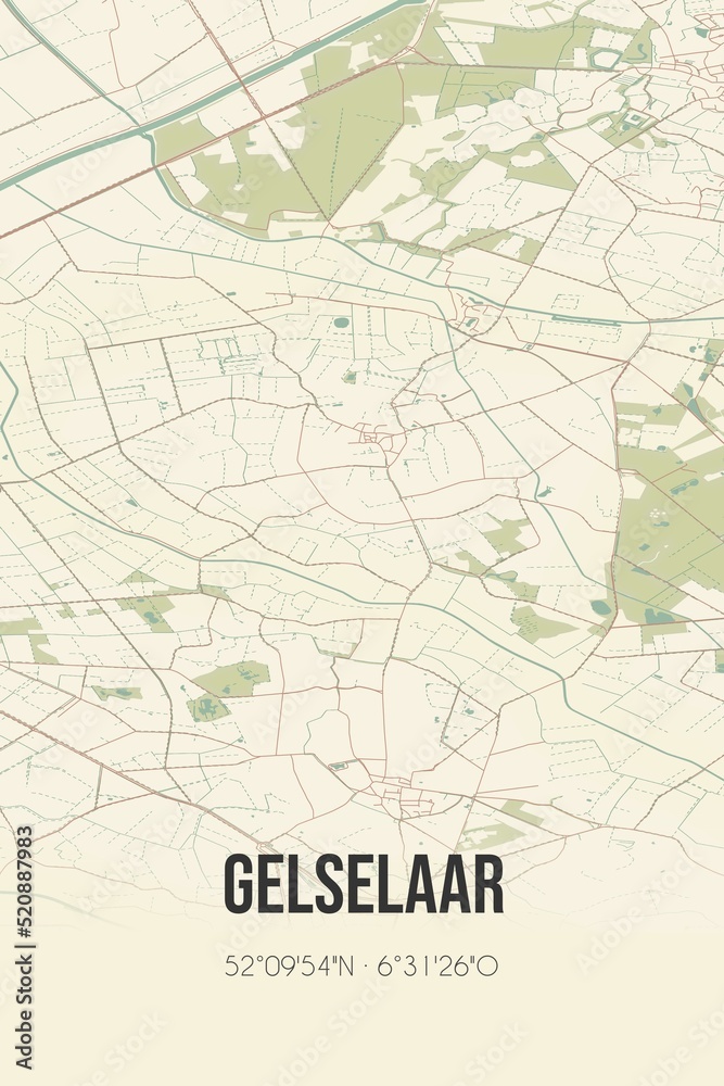 Retro Dutch city map of Gelselaar located in Gelderland. Vintage street map.