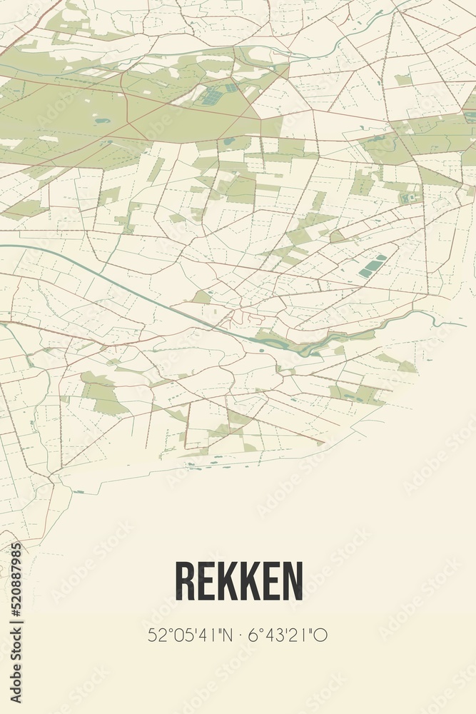 Retro Dutch city map of Rekken located in Gelderland. Vintage street map.