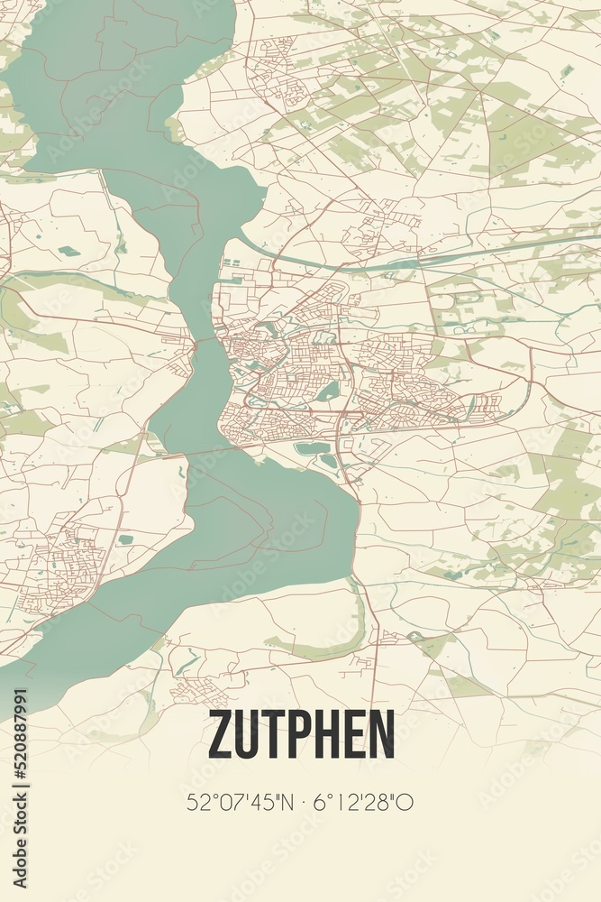 Fototapeta premium Retro Dutch city map of Zutphen located in Gelderland. Vintage street map.