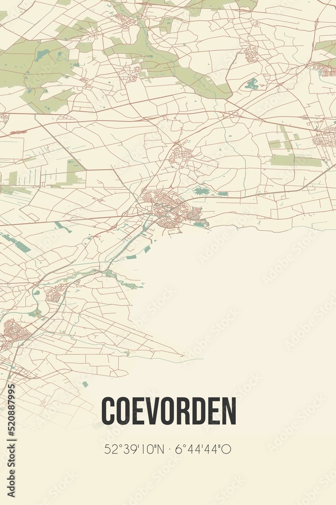 Retro Dutch city map of Coevorden located in Drenthe. Vintage street map.