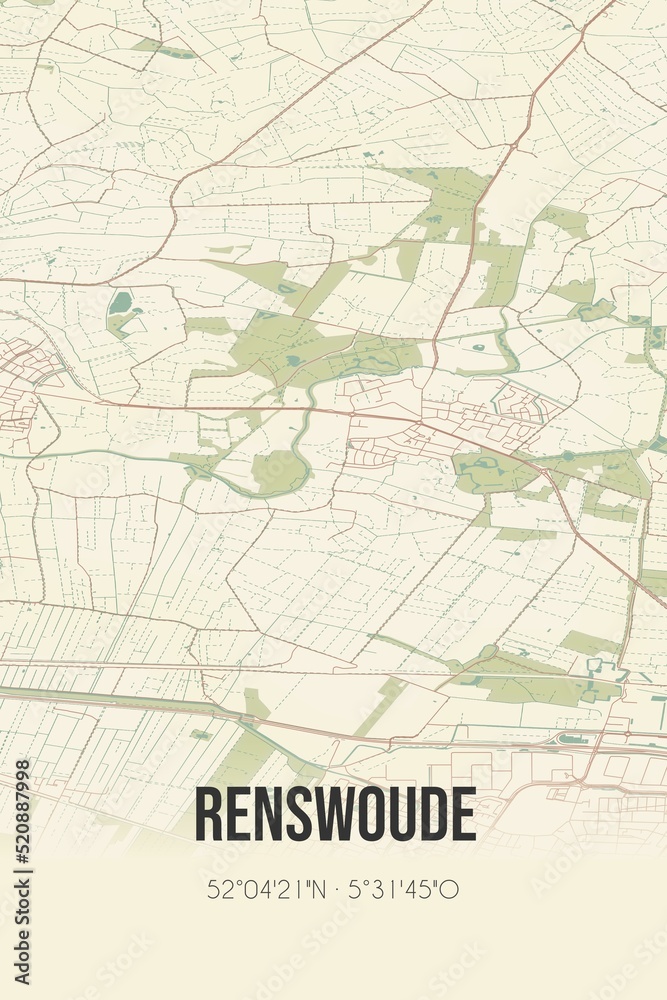 Retro Dutch city map of Renswoude located in Utrecht. Vintage street map.