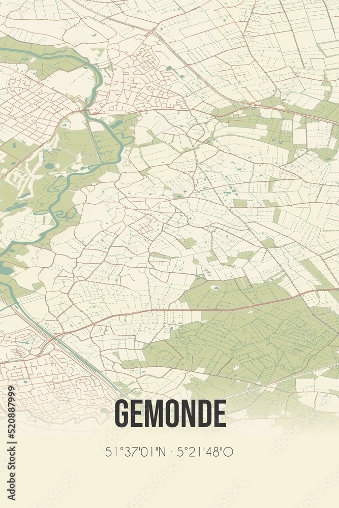 Retro Dutch city map of Gemonde located in Noord-Brabant. Vintage street map.