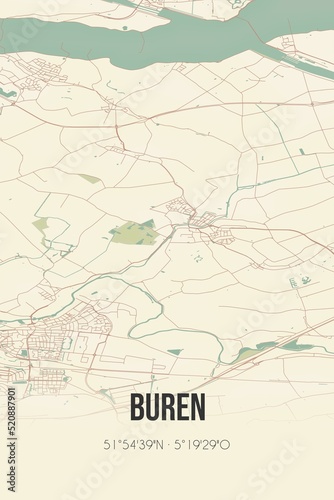 Retro Dutch city map of Buren located in Gelderland. Vintage street map. photo