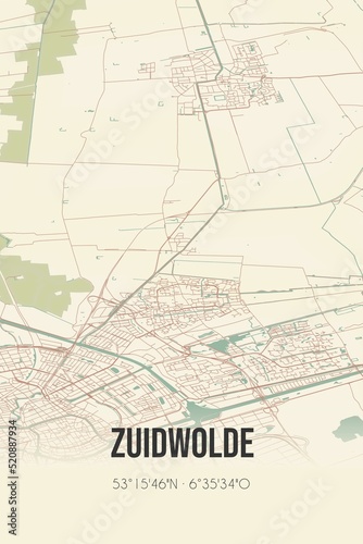Retro Dutch city map of Zuidwolde located in Groningen. Vintage street map.