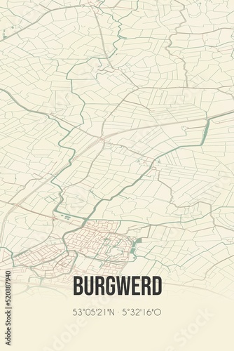 Retro Dutch city map of Burgwerd located in Fryslan. Vintage street map.