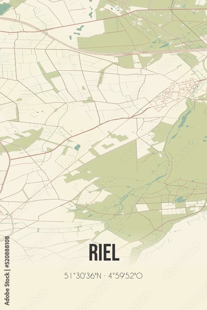 Retro Dutch city map of Riel located in Noord-Brabant. Vintage street map.