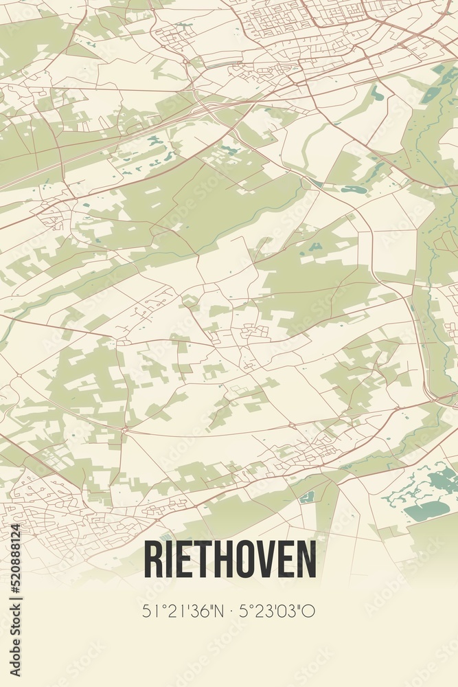 Fototapeta premium Retro Dutch city map of Riethoven located in Noord-Brabant. Vintage street map.