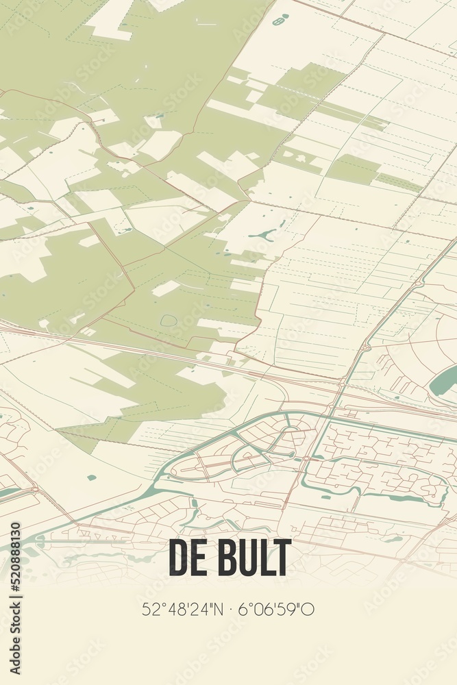 Retro Dutch city map of De Bult located in Overijssel. Vintage street map.