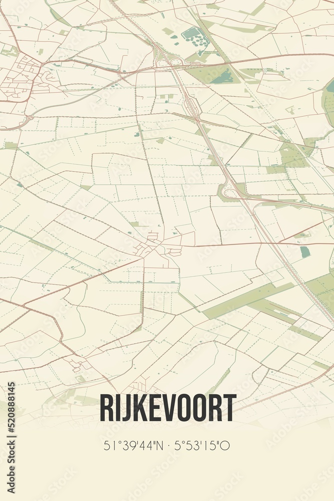Retro Dutch city map of Rijkevoort located in Noord-Brabant. Vintage street map.
