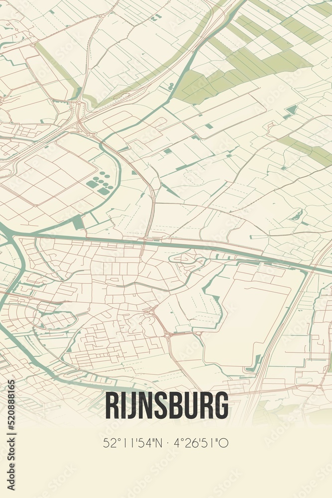 Retro Dutch city map of Rijnsburg located in Zuid-Holland. Vintage street map.