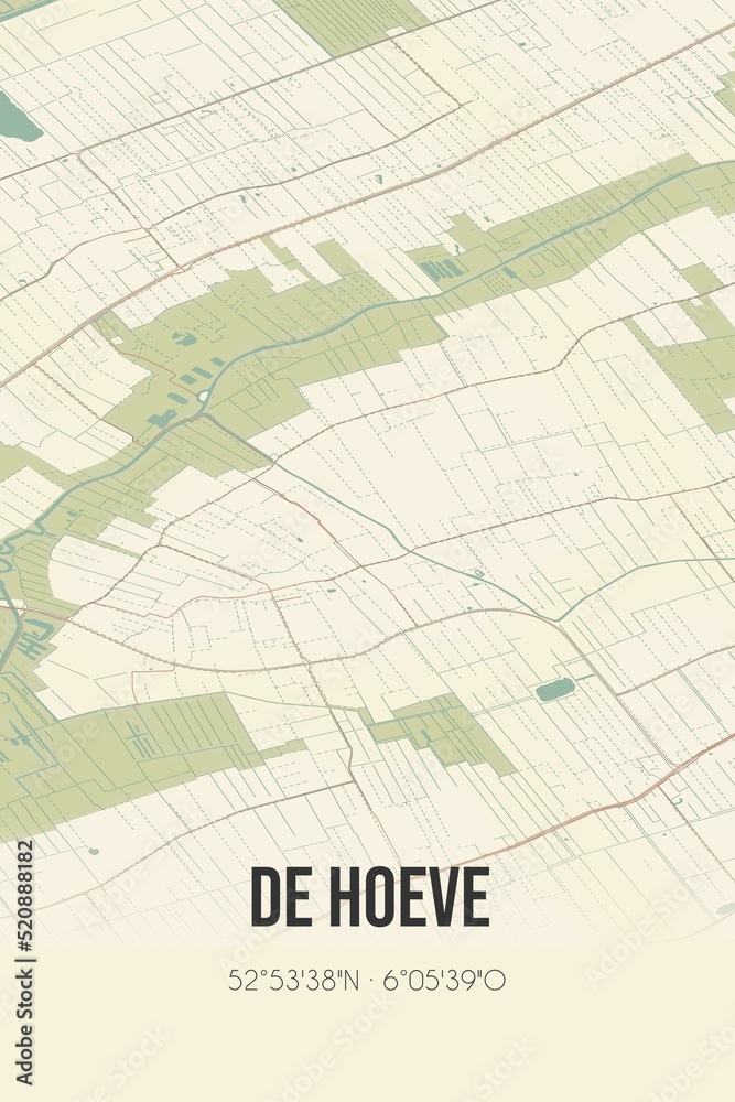 Retro Dutch city map of De Hoeve located in Fryslan. Vintage street map.