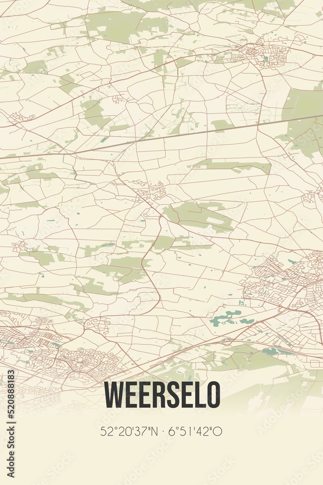 Retro Dutch city map of Weerselo located in Overijssel. Vintage street map.