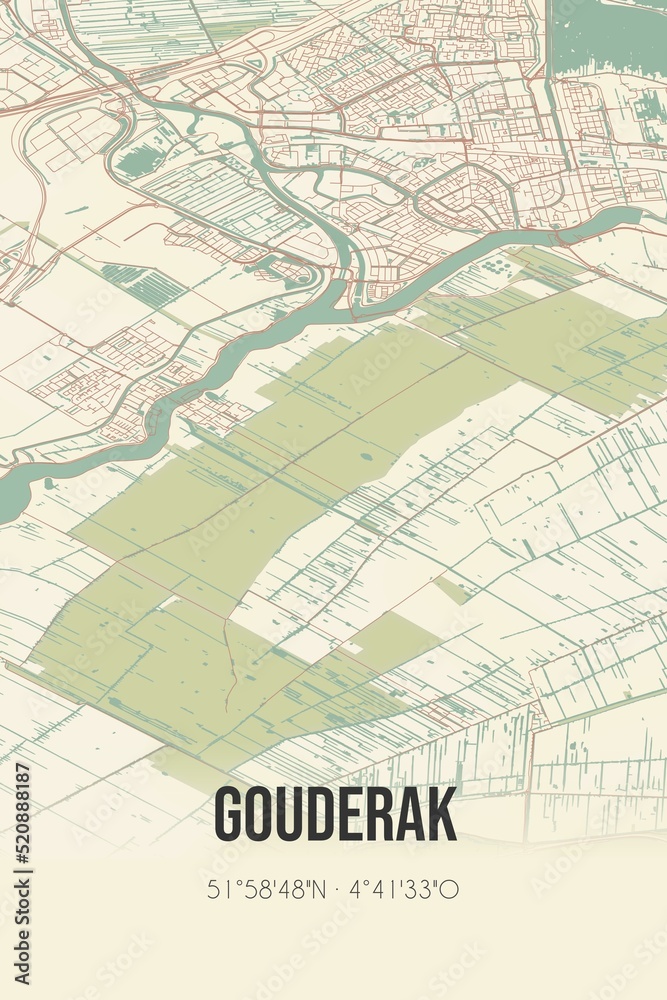 Retro Dutch city map of Gouderak located in Zuid-Holland. Vintage street map.