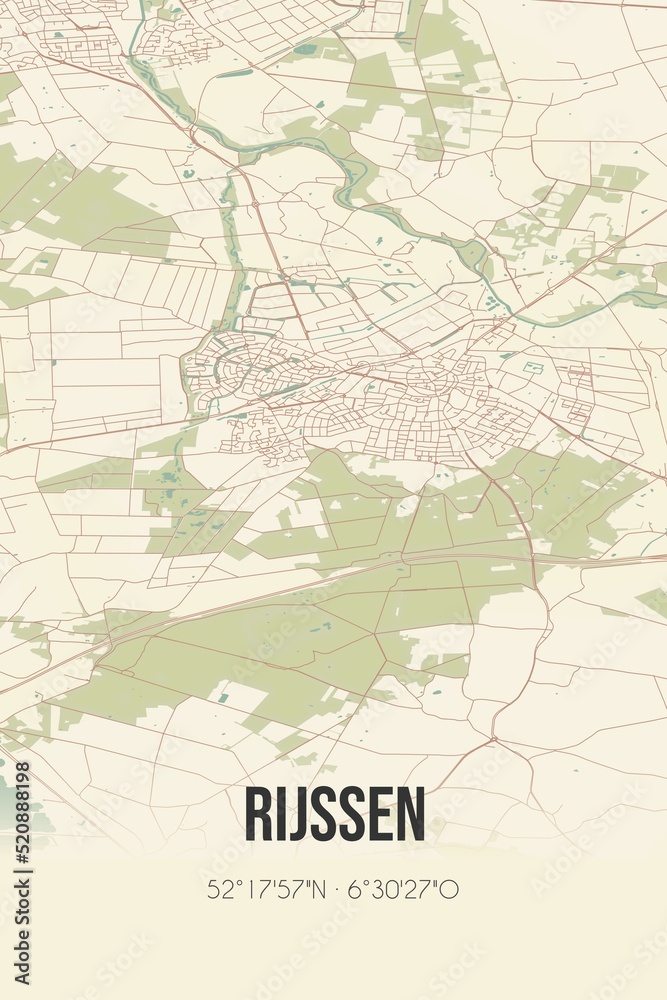 Retro Dutch city map of Rijssen located in Overijssel. Vintage street map.