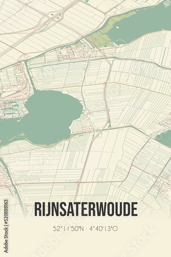 Retro Dutch city map of Rijnsaterwoude located in Zuid-Holland. Vintage street map.