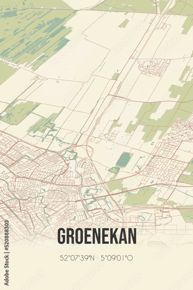 Retro Dutch city map of Groenekan located in Utrecht. Vintage street map.