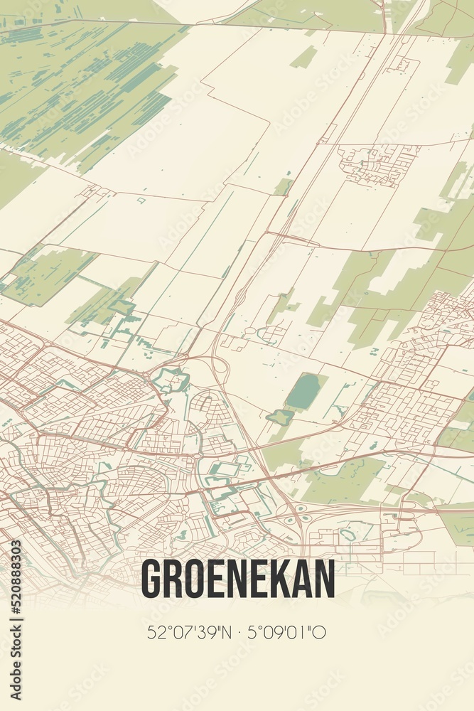 Retro Dutch city map of Groenekan located in Utrecht. Vintage street map. Retro Dutch city map of Groenekan located in Utrecht. Vintage street map.