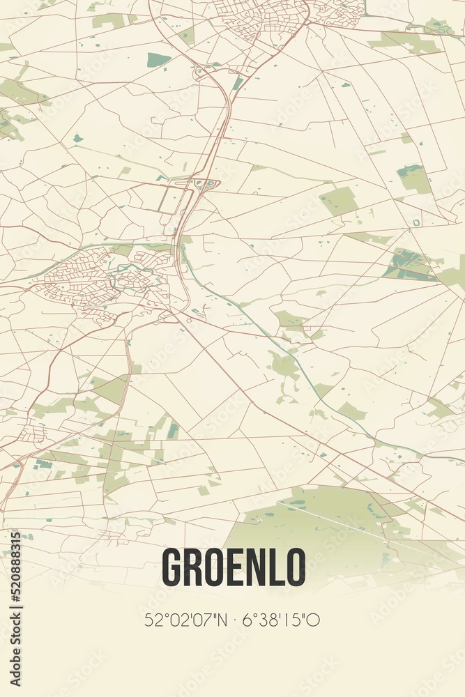 Retro Dutch city map of Groenlo located in Gelderland. Vintage street map.