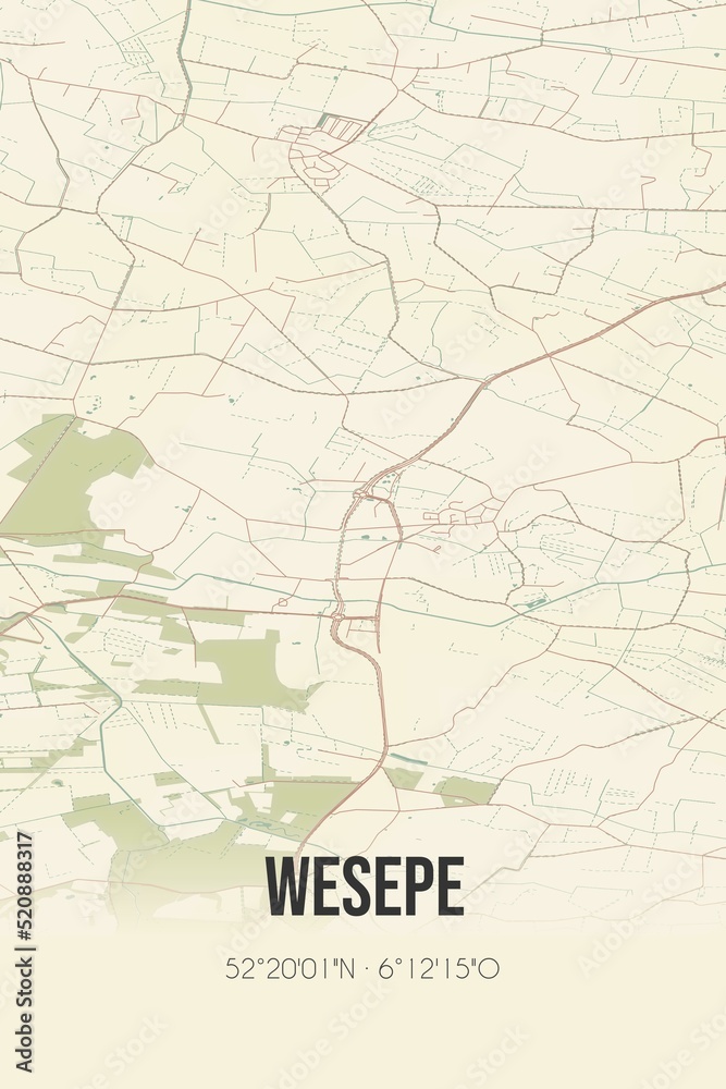 Retro Dutch city map of Wesepe located in Overijssel. Vintage street map.