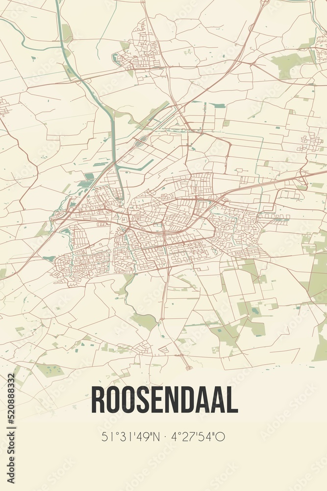 Retro Dutch city map of Roosendaal located in Noord-Brabant. Vintage street map.
