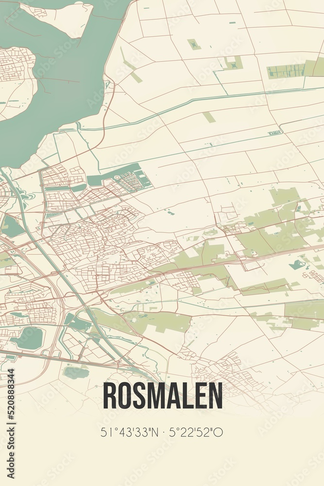 Retro Dutch city map of Rosmalen located in Noord-Brabant. Vintage street map.