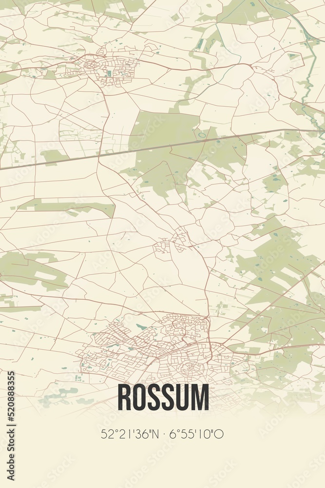 Retro Dutch city map of Rossum located in Overijssel. Vintage street map.